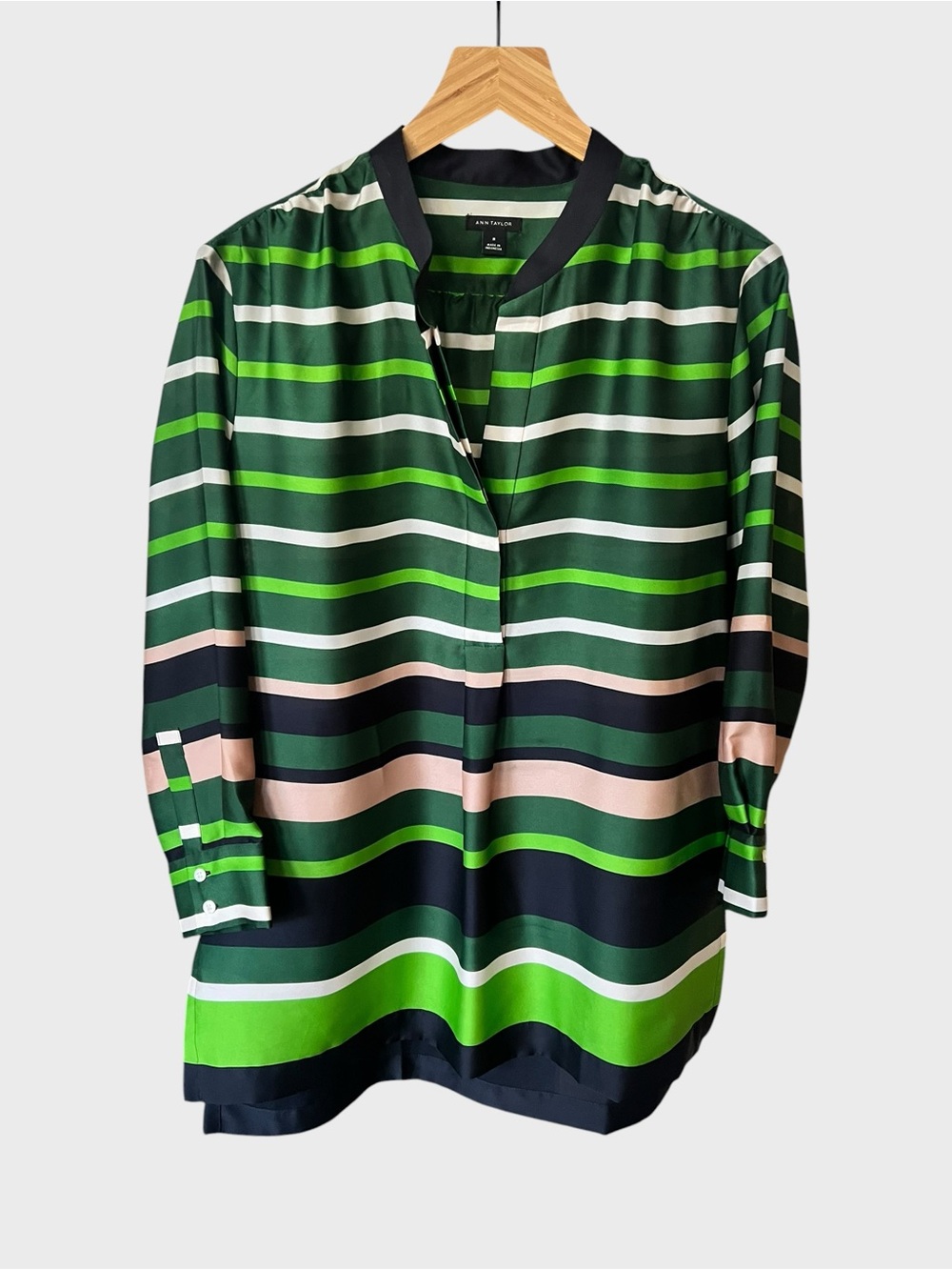 Ann Taylor green striped polyester tunic blouse.